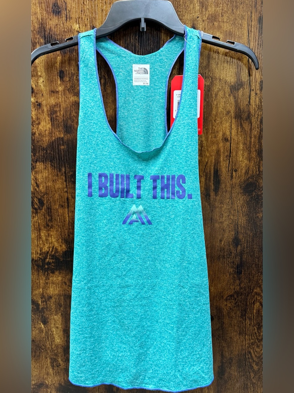 The North Face Teal Racerback Tank with Purple 'I BUILT THIS.' Graphic